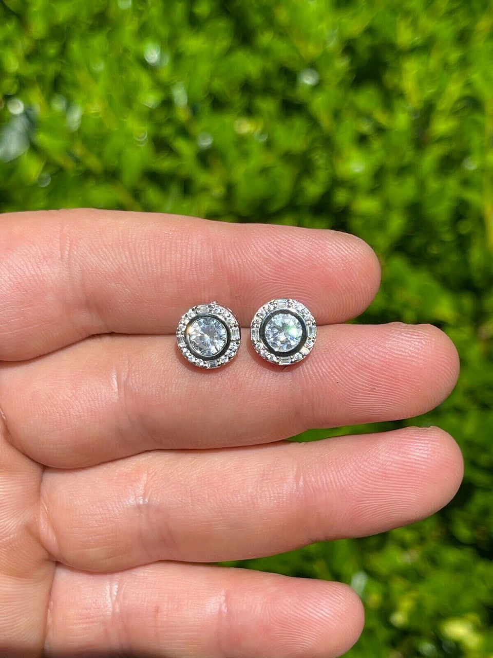 HarlemBling Real Solid 925 Silver Iced Solitaire Diamond Hip Hop Earrings Studs Large 10mm