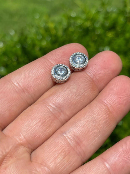 HarlemBling Real Solid 925 Silver Iced Solitaire Diamond Hip Hop Earrings Studs Large 10mm