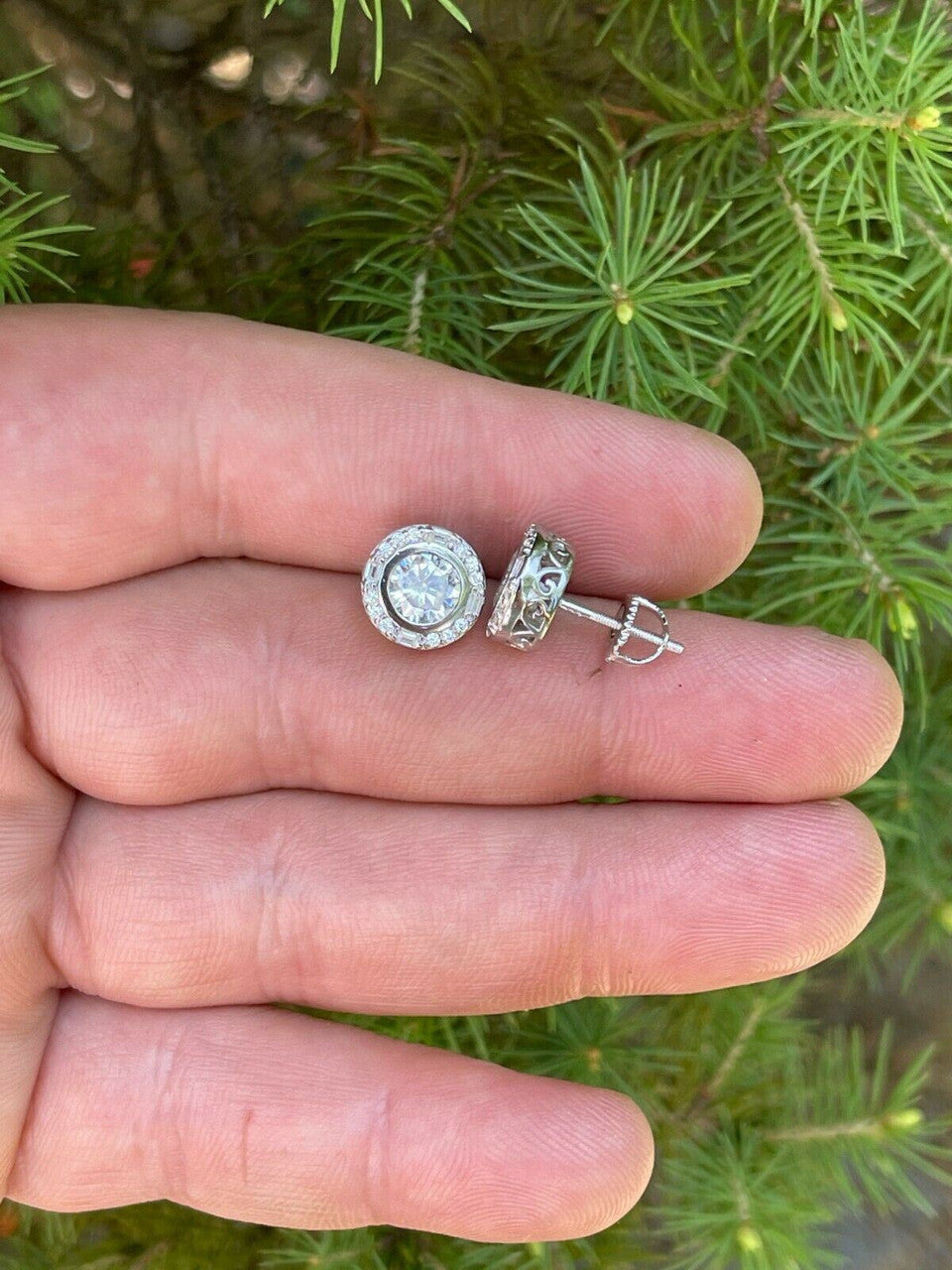 HarlemBling Real Solid 925 Silver Iced Solitaire Diamond Hip Hop Earrings Studs Large 10mm