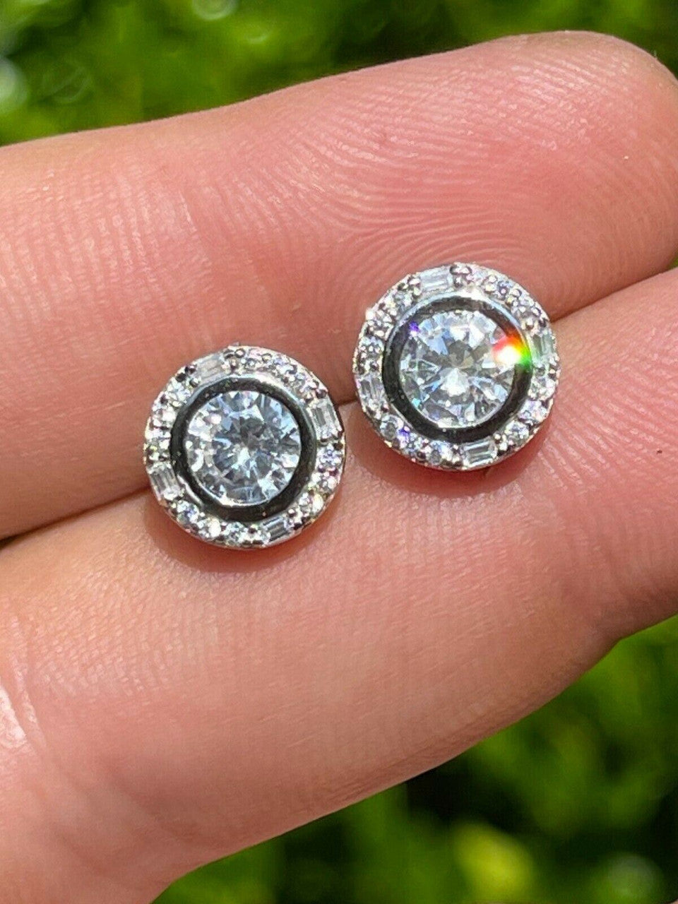 HarlemBling Real Solid 925 Silver Iced Solitaire Diamond Hip Hop Earrings Studs Large 10mm