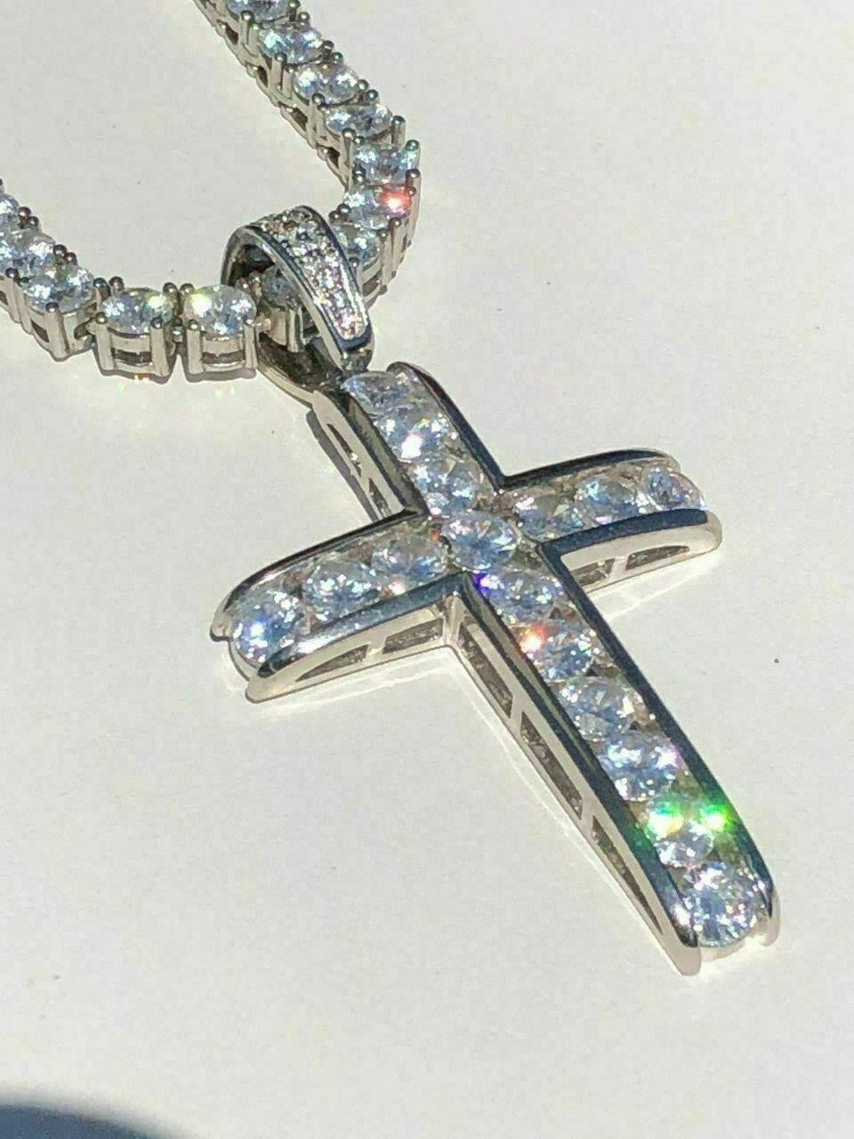 HarlemBling Real Solid 925 Silver Icy Channel Set Tennis Cross CZ W. Chain Men's ICED