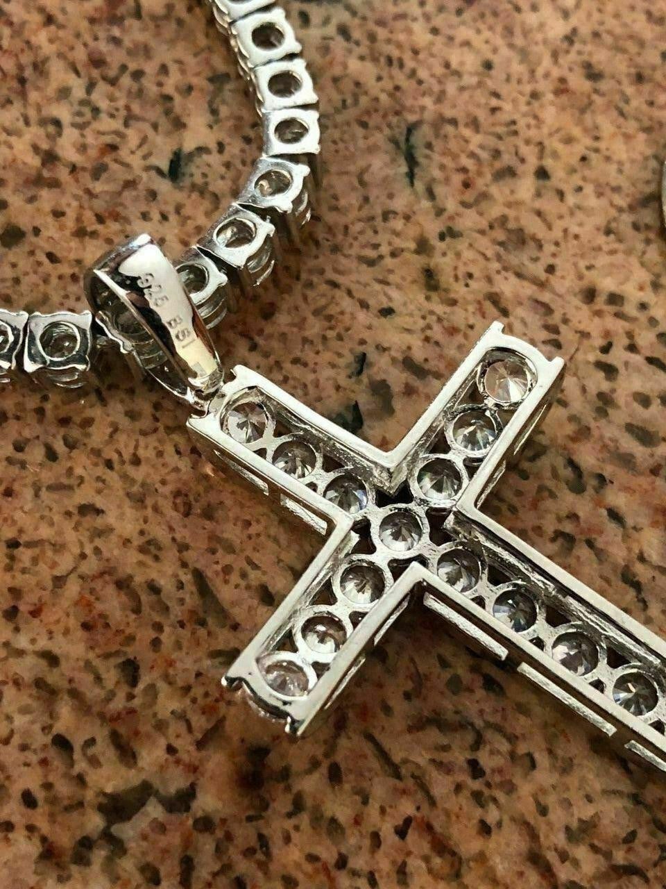 HarlemBling Real Solid 925 Silver Icy Channel Set Tennis Cross CZ W. Chain Men's ICED