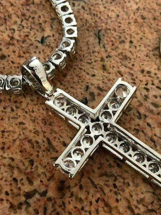 HarlemBling Real Solid 925 Silver Icy Channel Set Tennis Cross CZ W. Chain Men's ICED