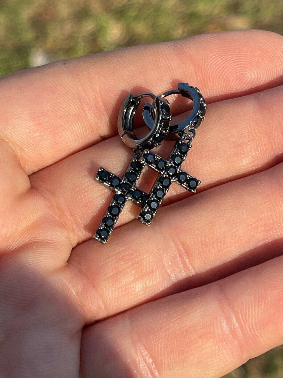 HarlemBling Real Solid 925 Silver Men Ladies Dangle Cross Hoop Earrings Iced Black Diamond