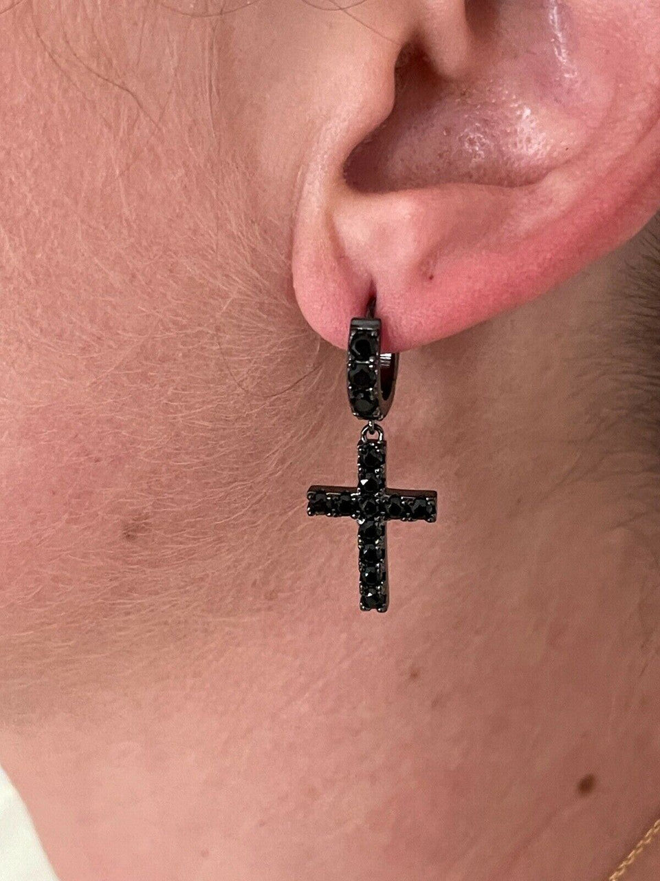 HarlemBling Real Solid 925 Silver Men Ladies Dangle Cross Hoop Earrings Iced Black Diamond