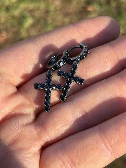 HarlemBling Real Solid 925 Silver Men Ladies Dangle Cross Hoop Earrings Iced Black Diamond