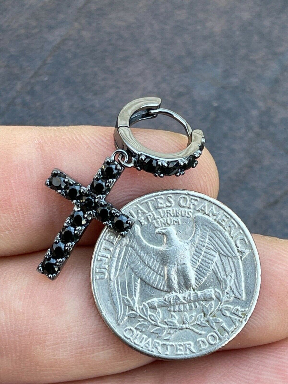 HarlemBling Real Solid 925 Silver Men Ladies Dangle Cross Hoop Earrings Iced Black Diamond