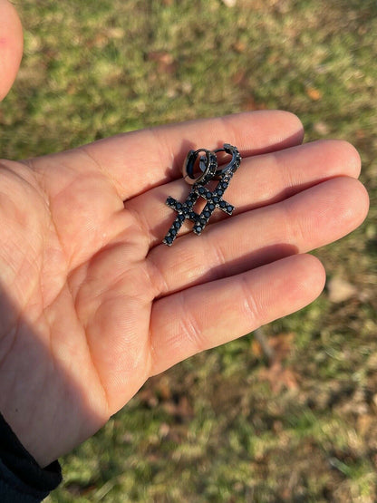 HarlemBling Real Solid 925 Silver Men Ladies Dangle Cross Hoop Earrings Iced Black Diamond