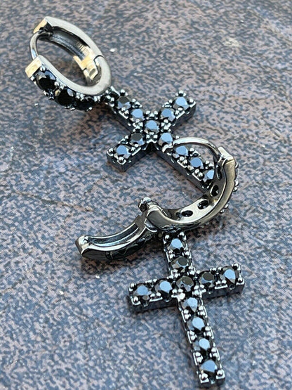 HarlemBling Real Solid 925 Silver Men Ladies Dangle Cross Hoop Earrings Iced Black Diamond