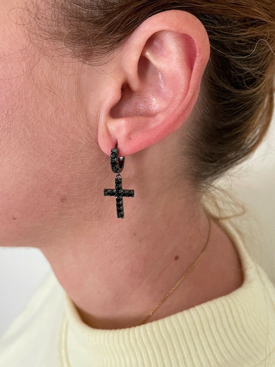 HarlemBling Real Solid 925 Silver Men Ladies Dangle Cross Hoop Earrings Iced Black Diamond