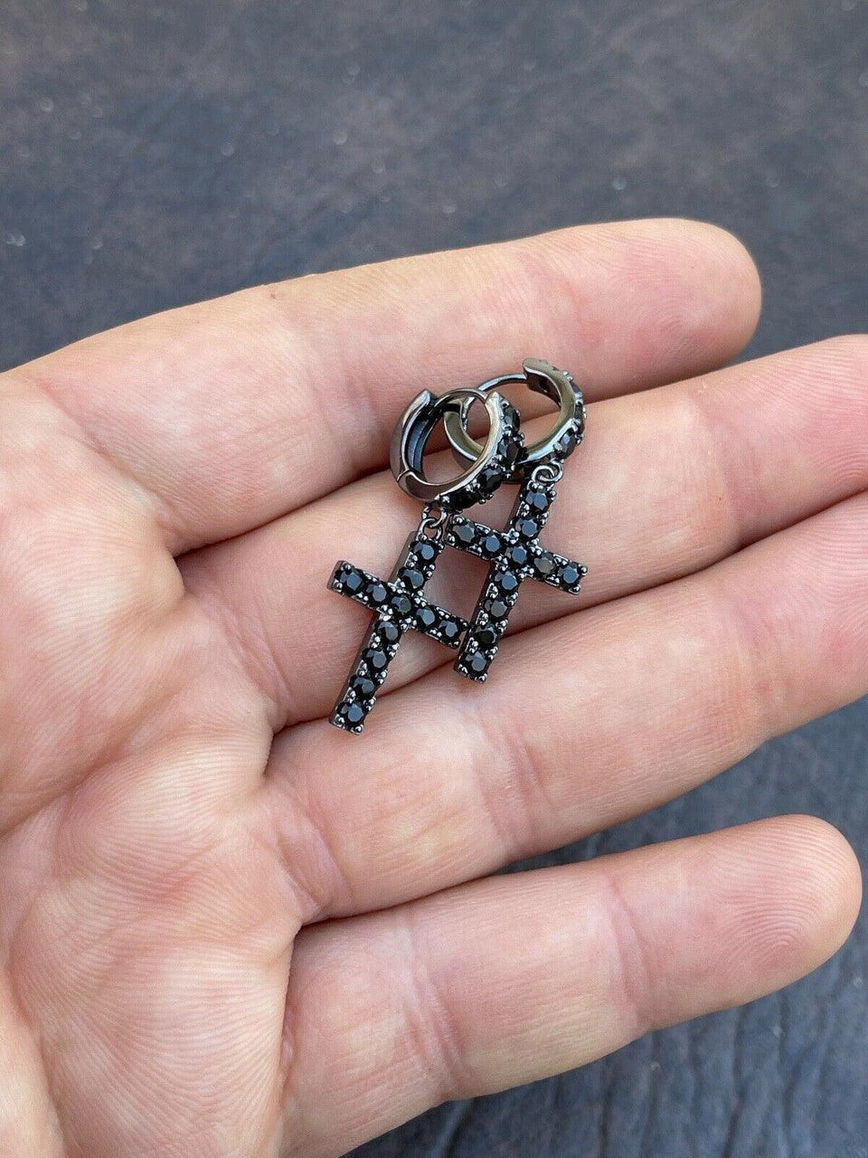 HarlemBling Real Solid 925 Silver Men Ladies Dangle Cross Hoop Earrings Iced Black Diamond