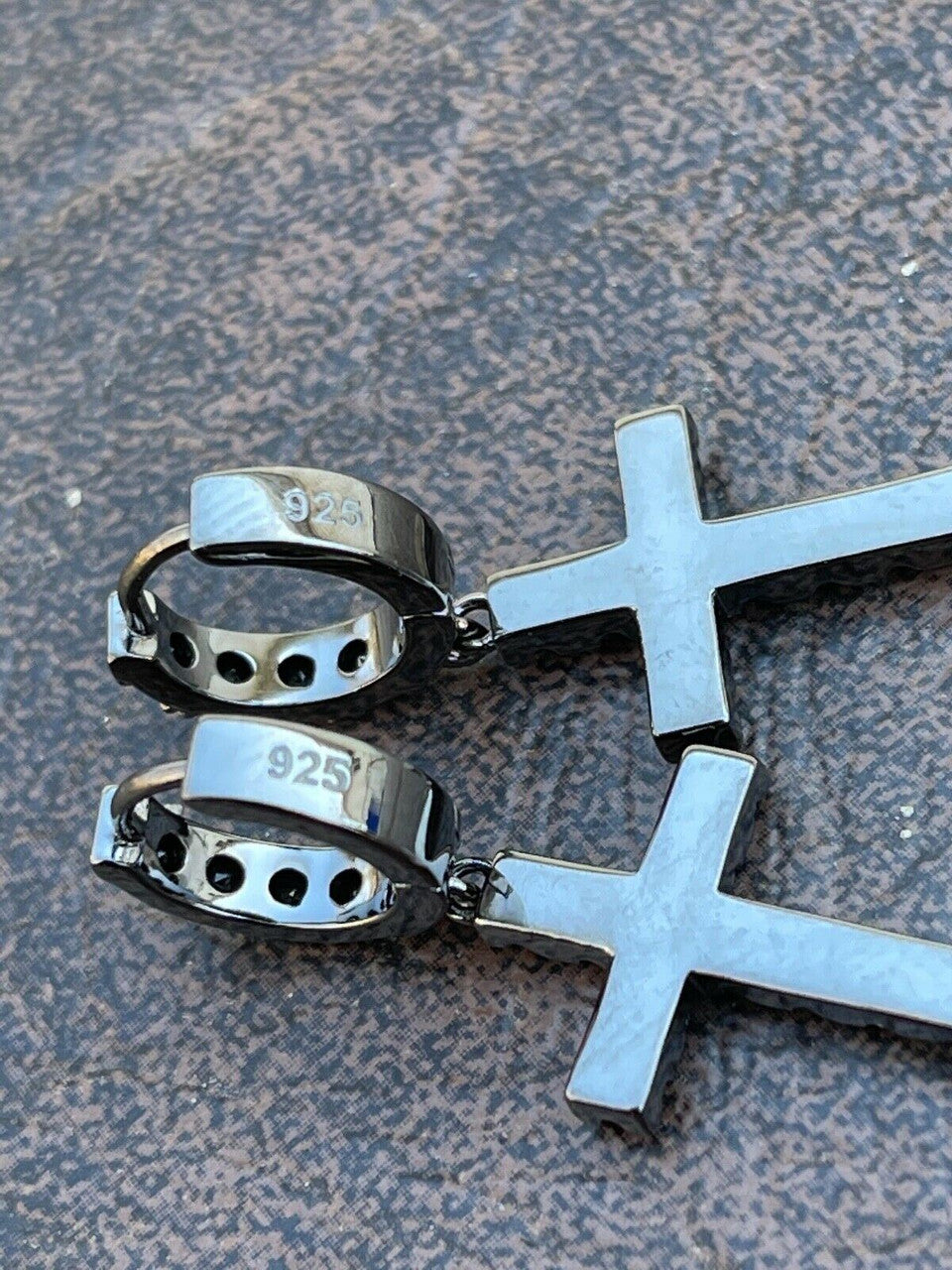 HarlemBling Real Solid 925 Silver Men Ladies Dangle Cross Hoop Earrings Iced Black Diamond