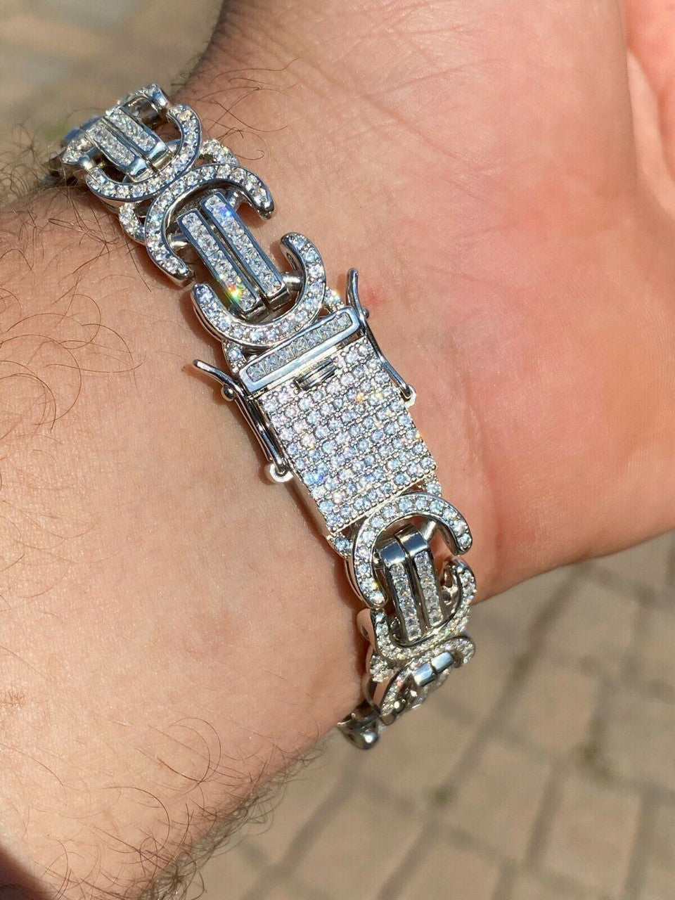 HarlemBling Real Solid 925 Silver Mens Custom Byzantine Bracelet 14mm Iced Heavy Hip Hop