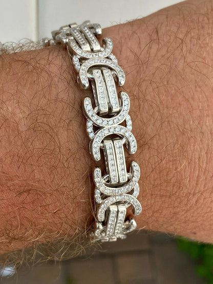 HarlemBling Real Solid 925 Silver Mens Custom Byzantine Bracelet 14mm Iced Heavy Hip Hop
