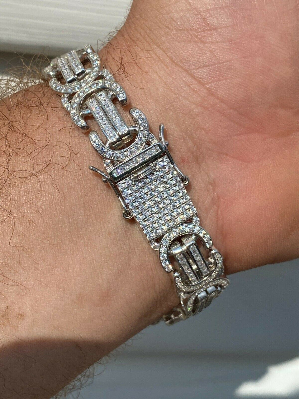 HarlemBling Real Solid 925 Silver Mens Custom Byzantine Bracelet 14mm Iced Heavy Hip Hop