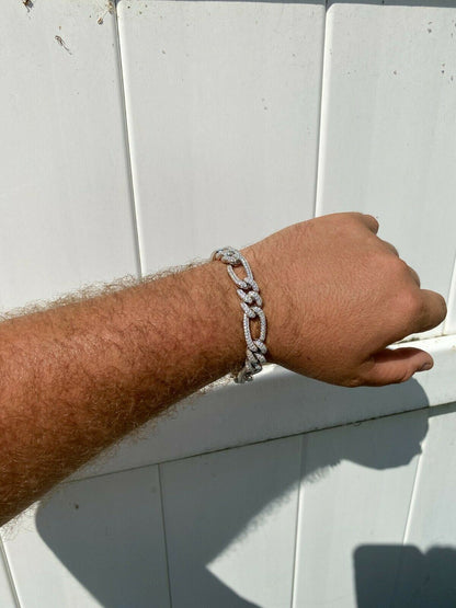 HarlemBling Real Solid 925 Silver Mens Custom Figaro Bracelet 14mm Iced Diamond Heavy HipHop