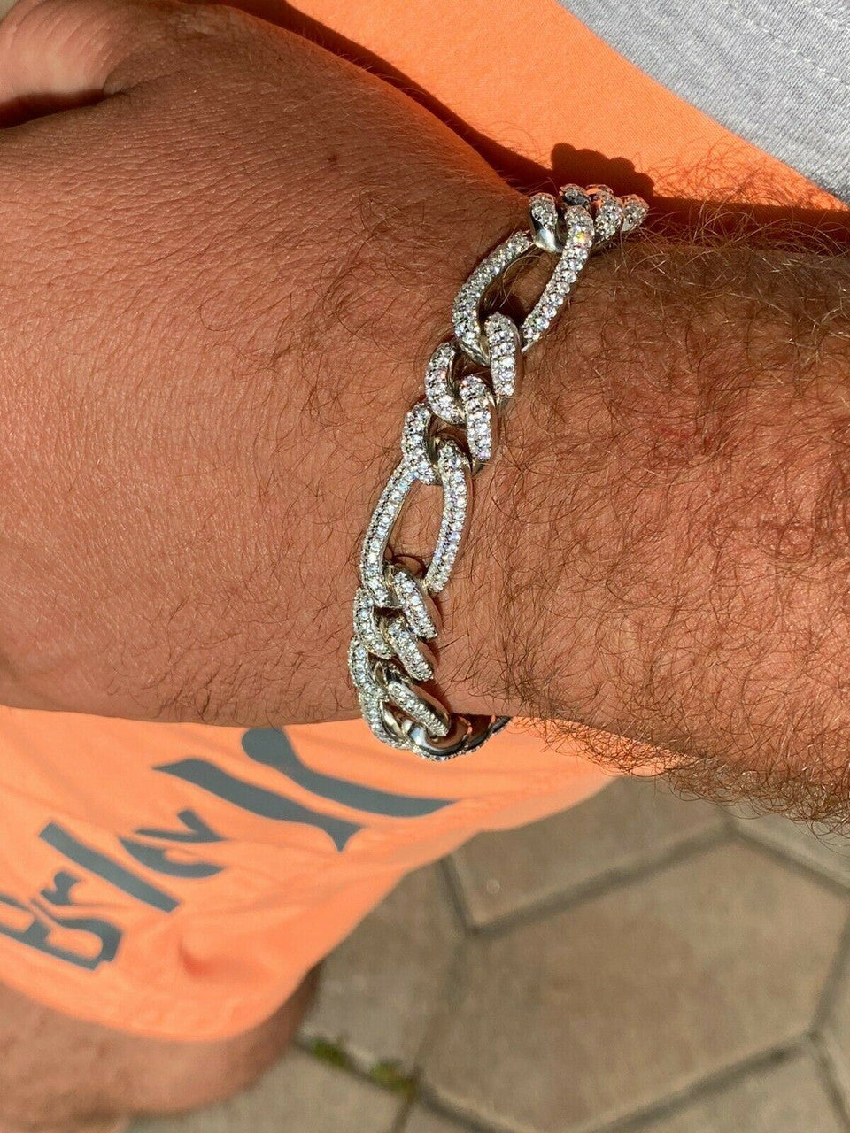HarlemBling Real Solid 925 Silver Mens Custom Figaro Bracelet 14mm Iced Diamond Heavy HipHop