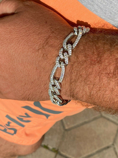 HarlemBling Real Solid 925 Silver Mens Custom Figaro Bracelet 14mm Iced Diamond Heavy HipHop