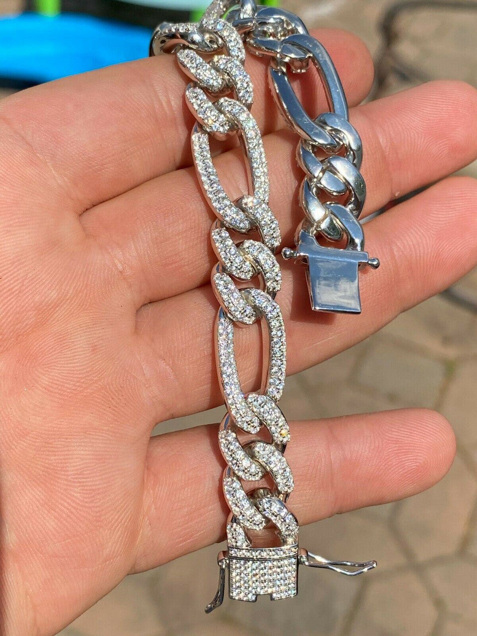 Real Solid 925 Silver Mens Custom Figaro Bracelet 14mm Iced