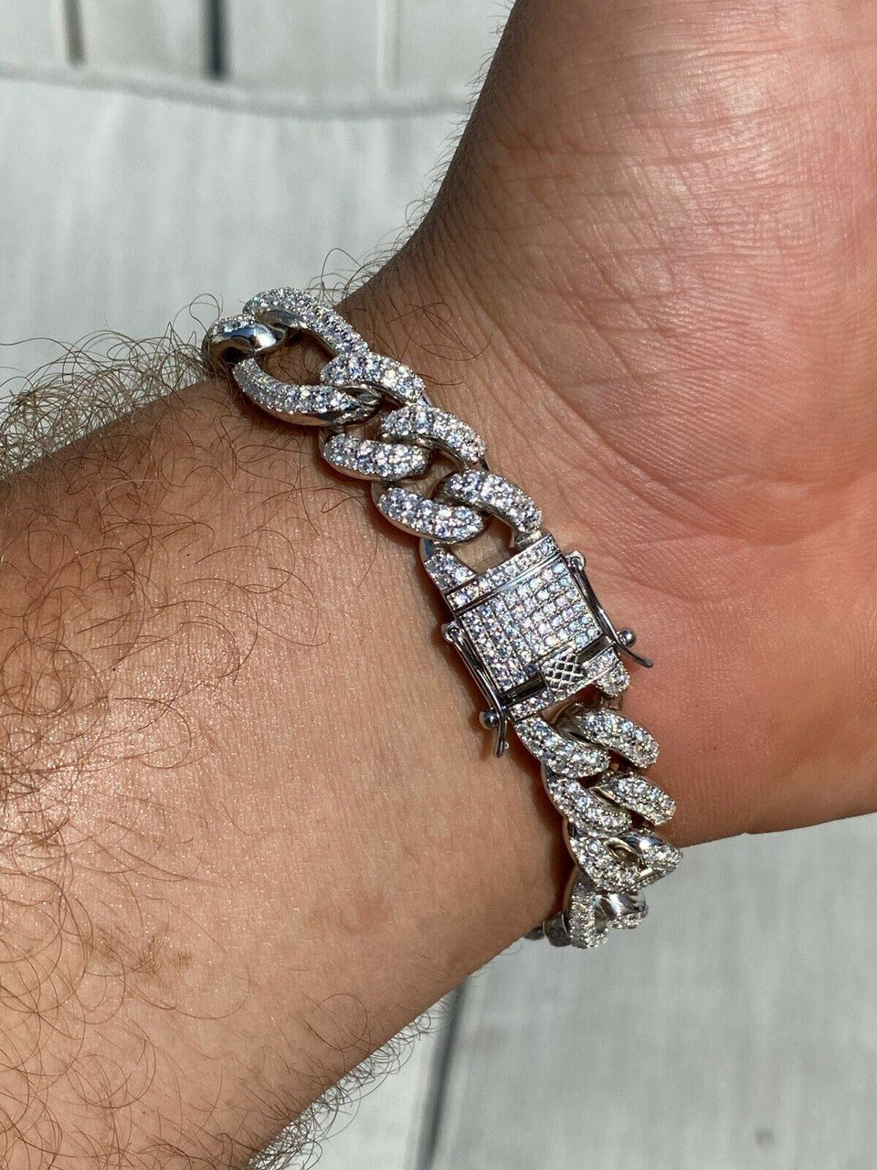 HarlemBling Real Solid 925 Silver Mens Custom Figaro Bracelet 14mm Iced Diamond Heavy HipHop