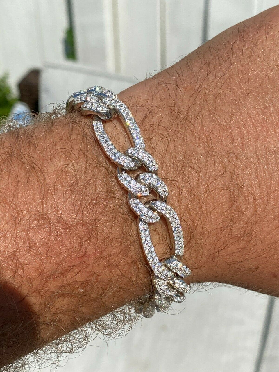 Real Solid 925 Silver Mens Custom Figaro Bracelet 14mm Iced
