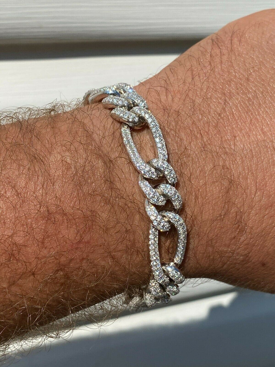 HarlemBling Real Solid 925 Silver Mens Custom Figaro Bracelet 14mm Iced Diamond Heavy HipHop
