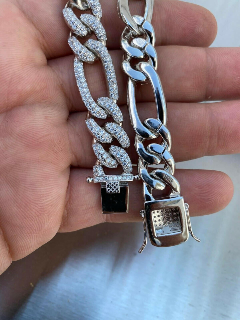 Real Solid 925 Silver Mens Custom Figaro Bracelet 14mm Iced