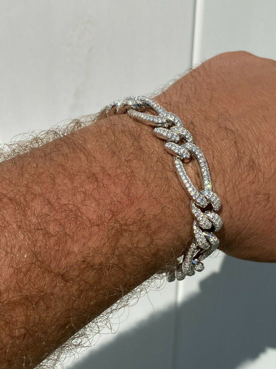Real Solid 925 Silver Mens Custom Figaro Bracelet 14mm Iced