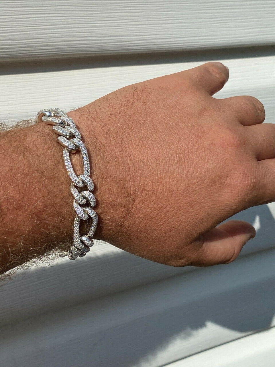 HarlemBling Real Solid 925 Silver Mens Custom Figaro Bracelet 14mm Iced Diamond Heavy HipHop