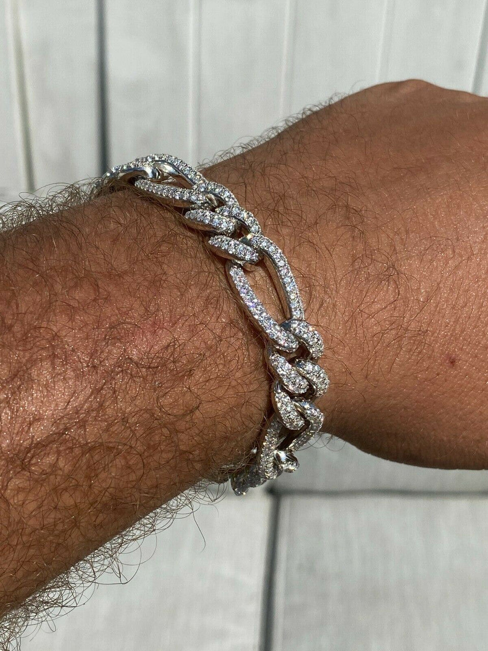 HarlemBling Real Solid 925 Silver Mens Custom Figaro Bracelet 14mm Iced Diamond Heavy HipHop
