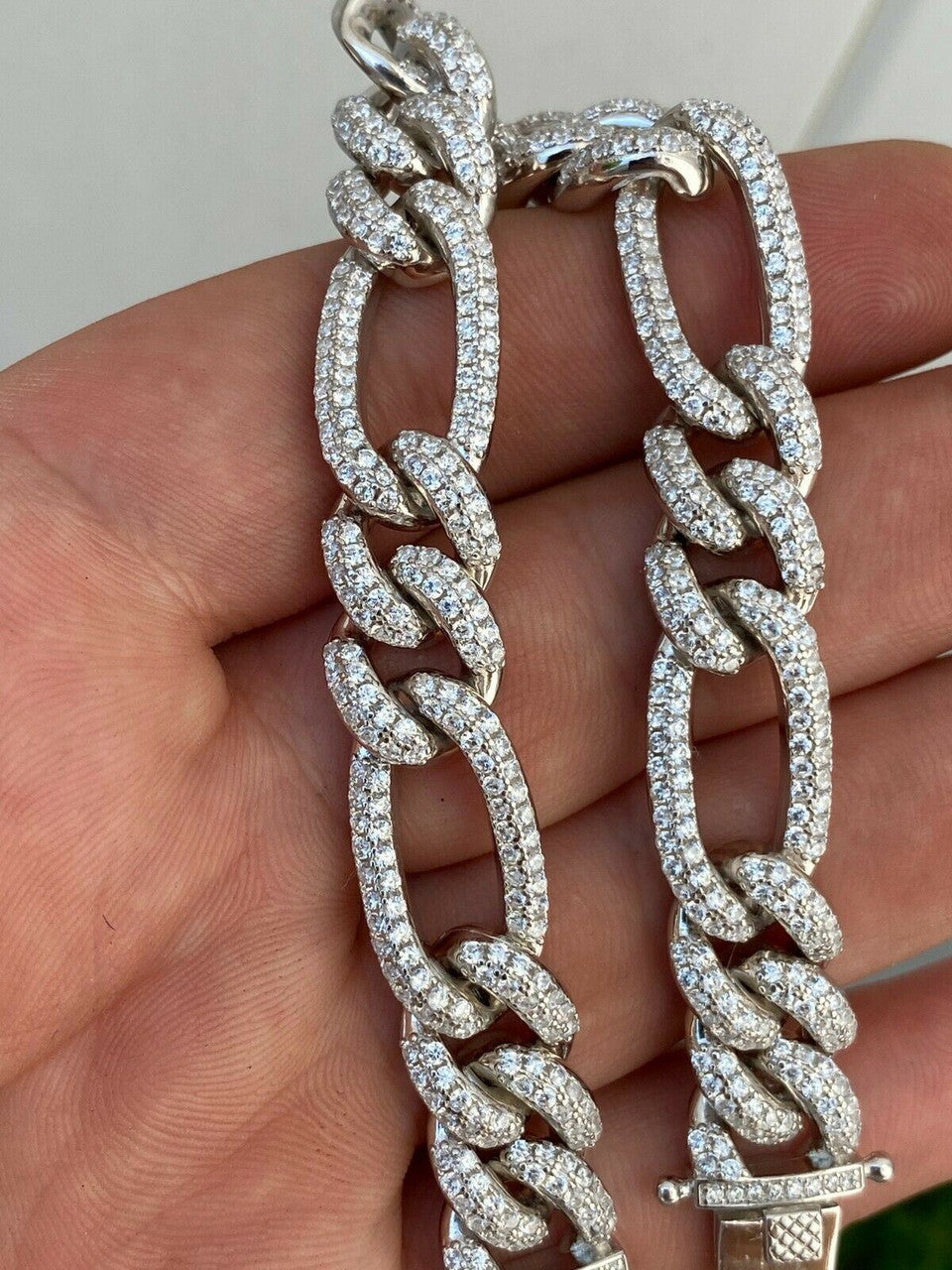 HarlemBling Real Solid 925 Silver Mens Custom Figaro Bracelet 14mm Iced Diamond Heavy HipHop