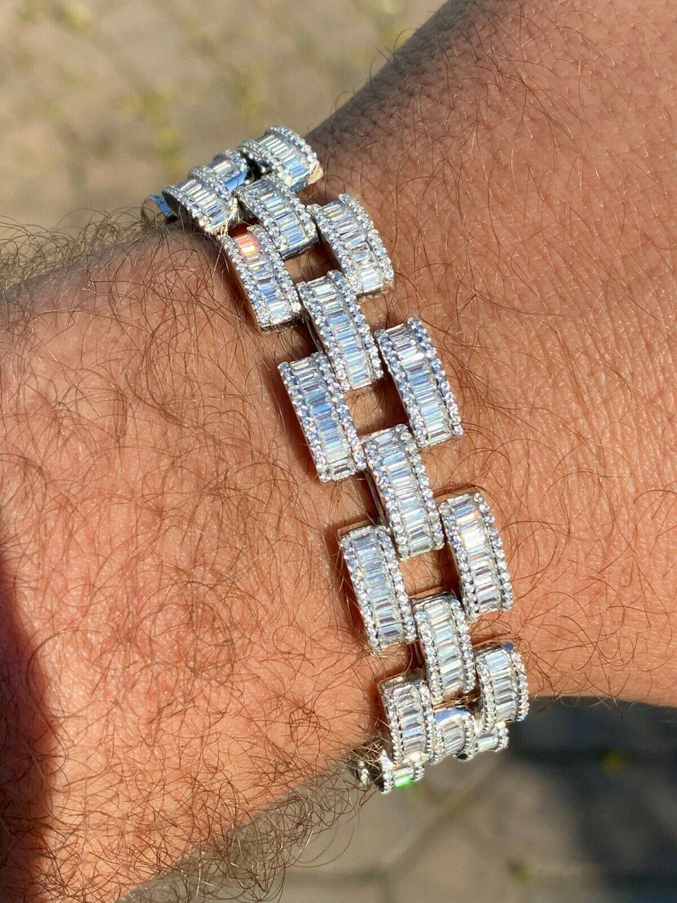 HarlemBling Real Solid 925 Silver Mens Custom Hip Hop Presidential Link Bracelet 14mm Iced