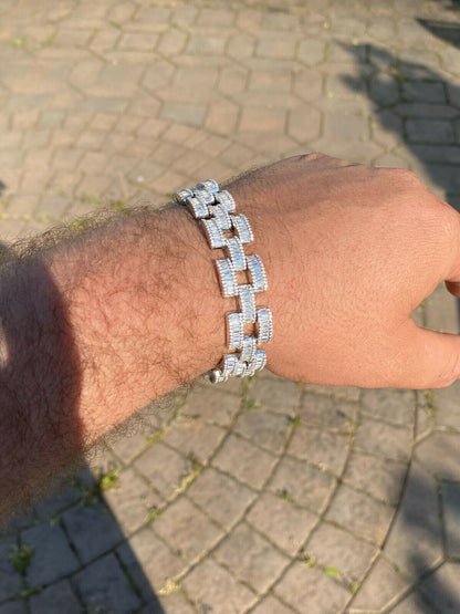 HarlemBling Real Solid 925 Silver Mens Custom Hip Hop Presidential Link Bracelet 14mm Iced