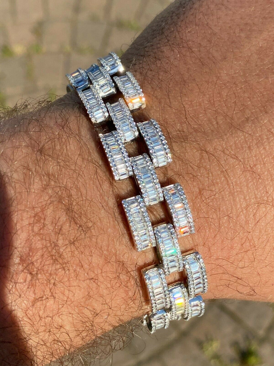 HarlemBling Real Solid 925 Silver Mens Custom Hip Hop Presidential Link Bracelet 14mm Iced