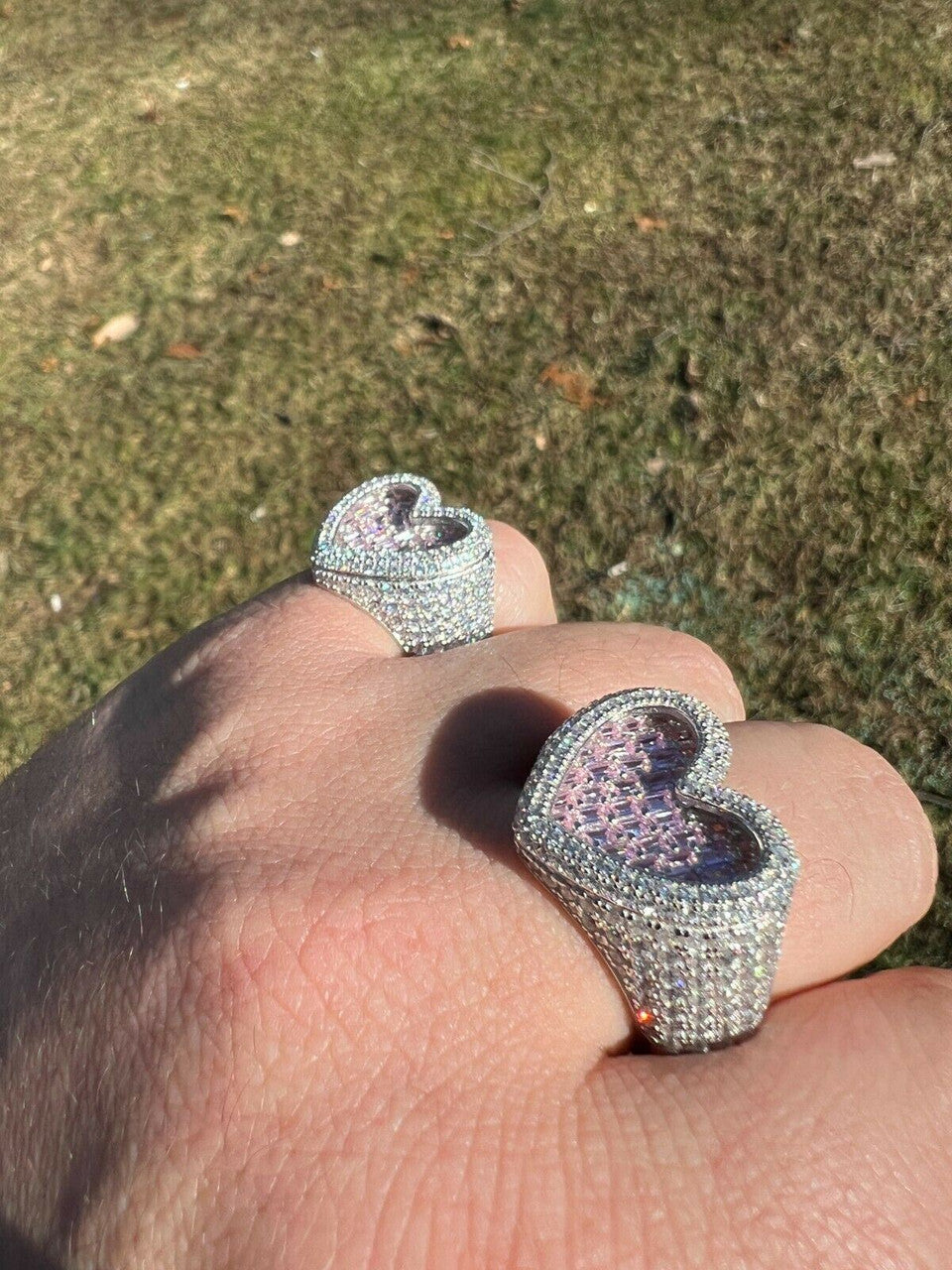 HarlemBling Real Solid 925 Silver Mens Ladies Pink Baguette Diamond Heart Iced Ring Sz 5-13