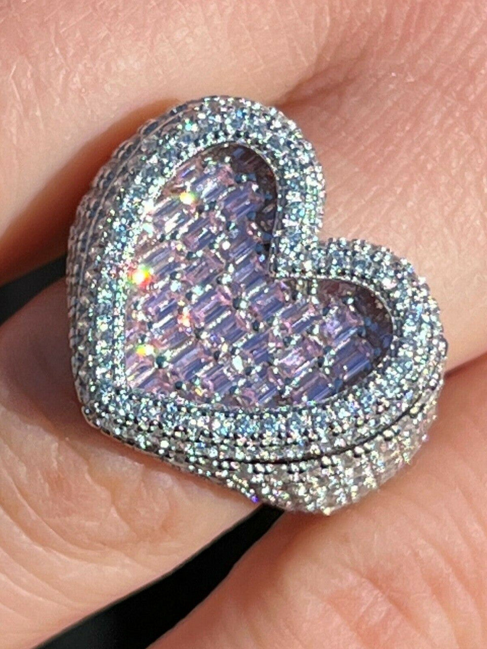 HarlemBling Real Solid 925 Silver Mens Ladies Pink Baguette Diamond Heart Iced Ring Sz 5-13