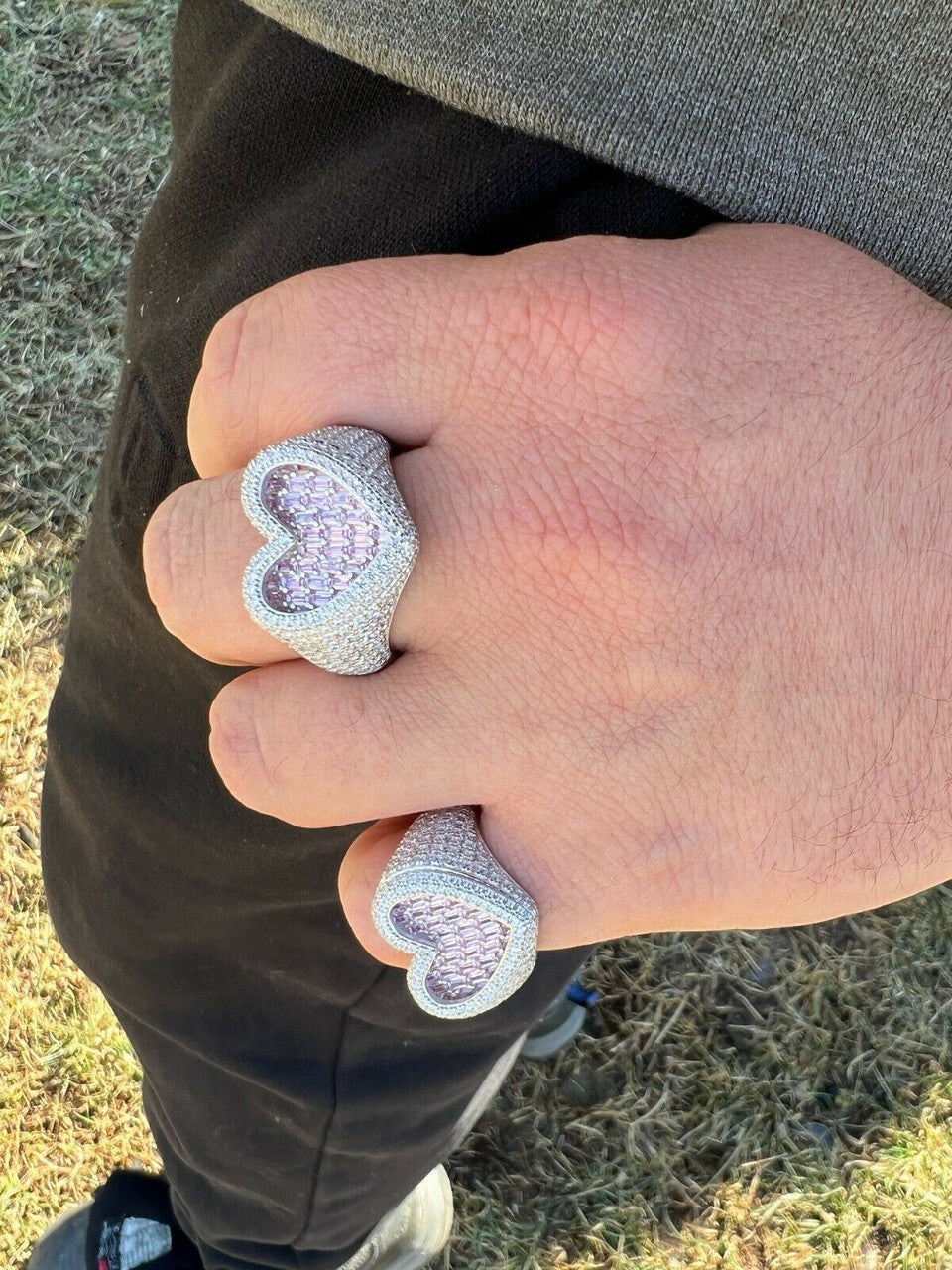 HarlemBling Real Solid 925 Silver Mens Ladies Pink Baguette Diamond Heart Iced Ring Sz 5-13