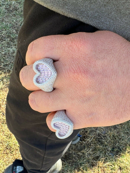 HarlemBling Real Solid 925 Silver Mens Ladies Pink Baguette Diamond Heart Iced Ring Sz 5-13