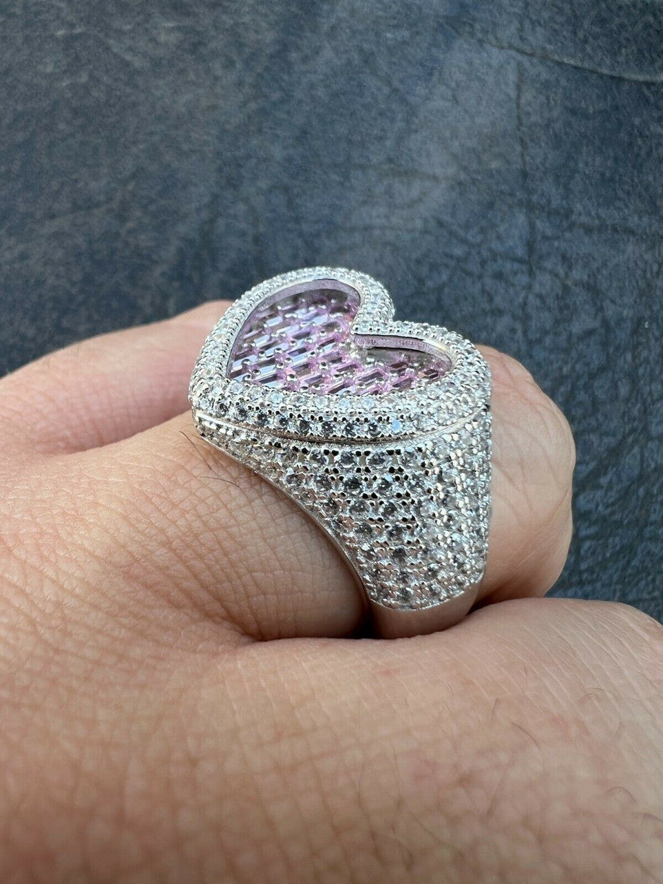 HarlemBling Real Solid 925 Silver Mens Ladies Pink Baguette Diamond Heart Iced Ring Sz 5-13