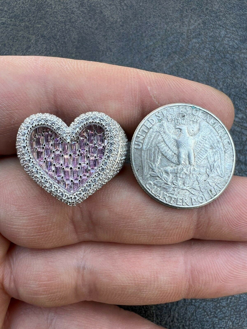 HarlemBling Real Solid 925 Silver Mens Ladies Pink Baguette Diamond Heart Iced Ring Sz 5-13