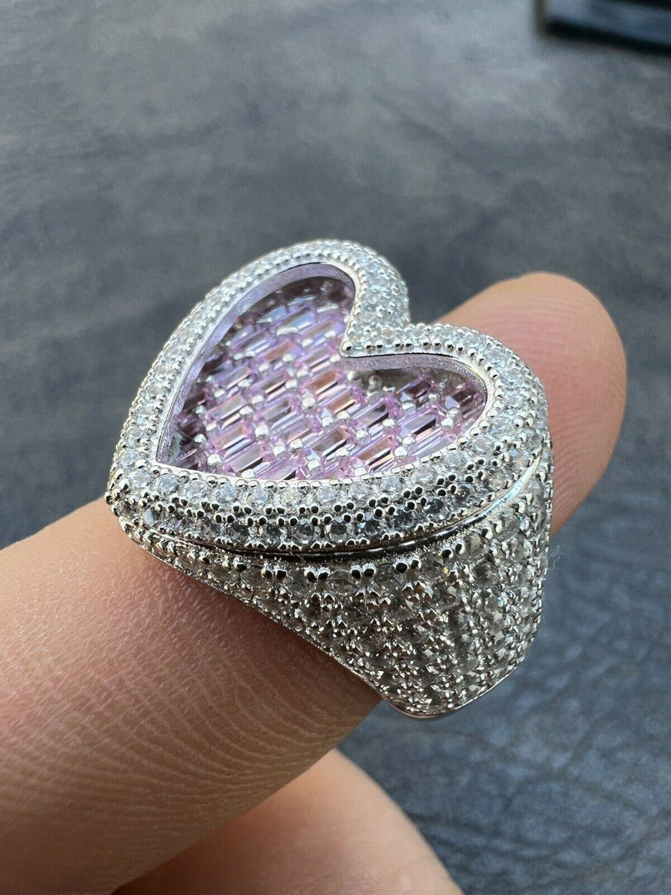 HarlemBling Real Solid 925 Silver Mens Ladies Pink Baguette Diamond Heart Iced Ring Sz 5-13