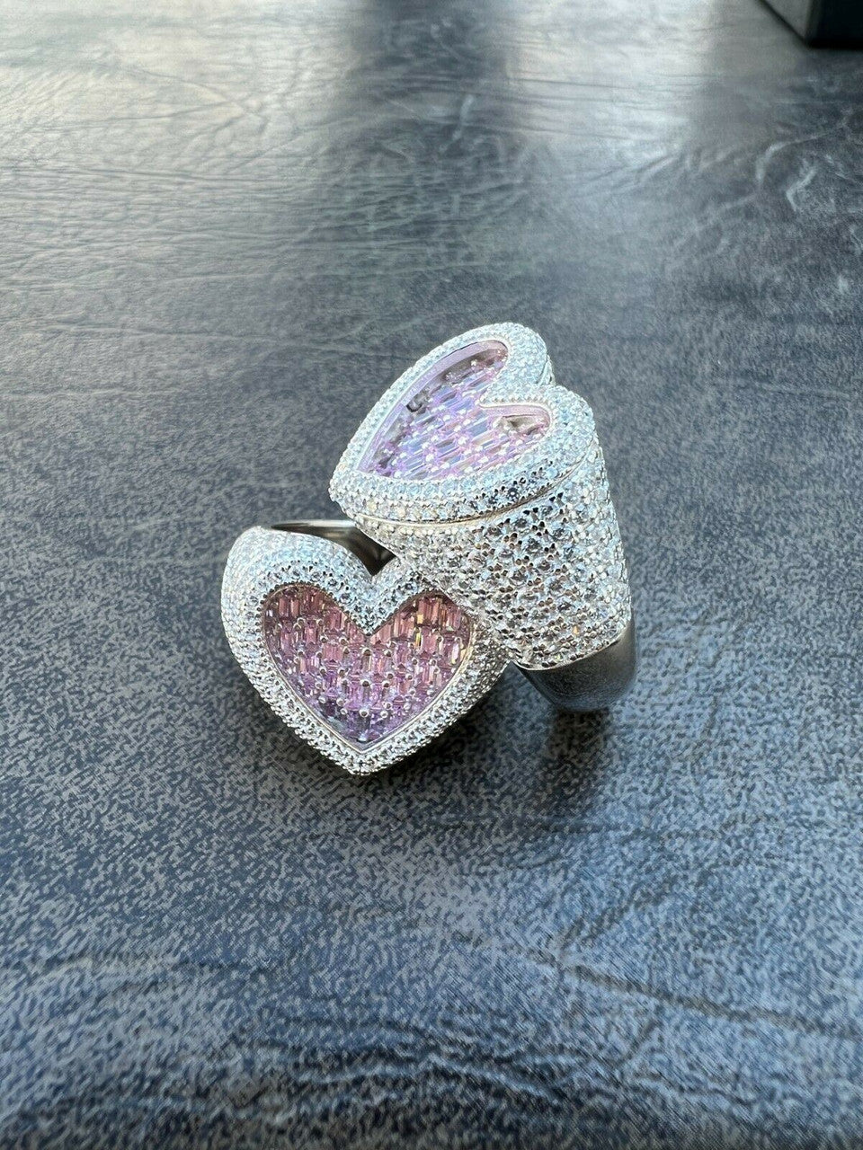 HarlemBling Real Solid 925 Silver Mens Ladies Pink Baguette Diamond Heart Iced Ring Sz 5-13