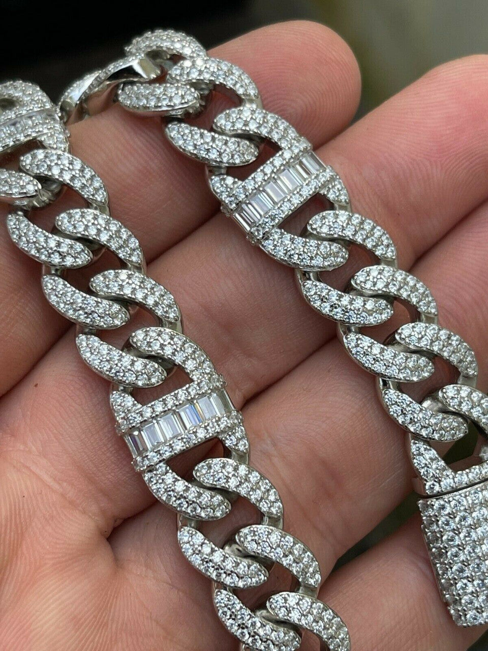 HarlemBling Real Solid 925 Silver Mens Miami Cuban Iced Gucci Link Bracelet Baguette Diamond