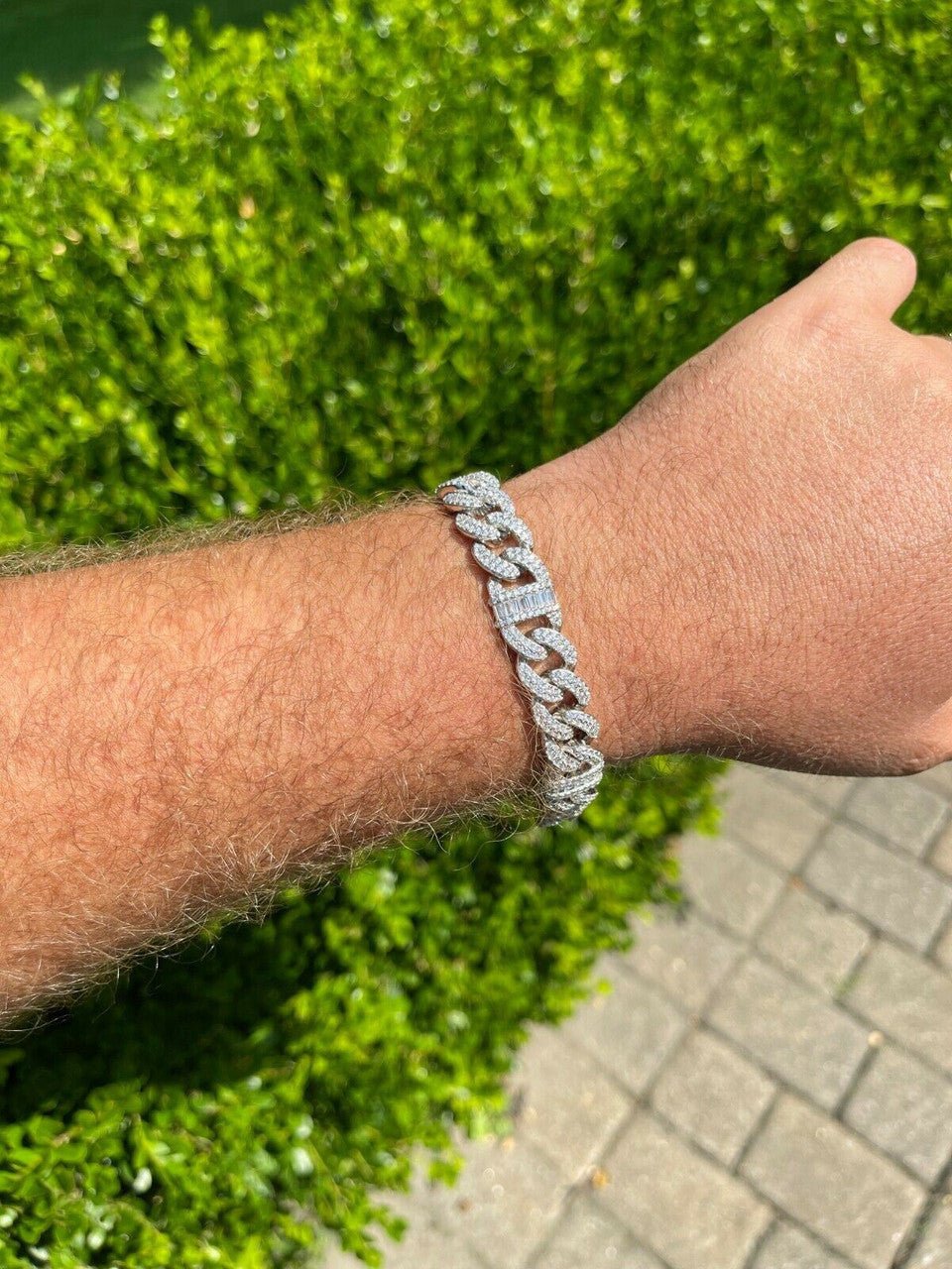 HarlemBling Real Solid 925 Silver Mens Miami Cuban Iced Gucci Link Bracelet Baguette Diamond