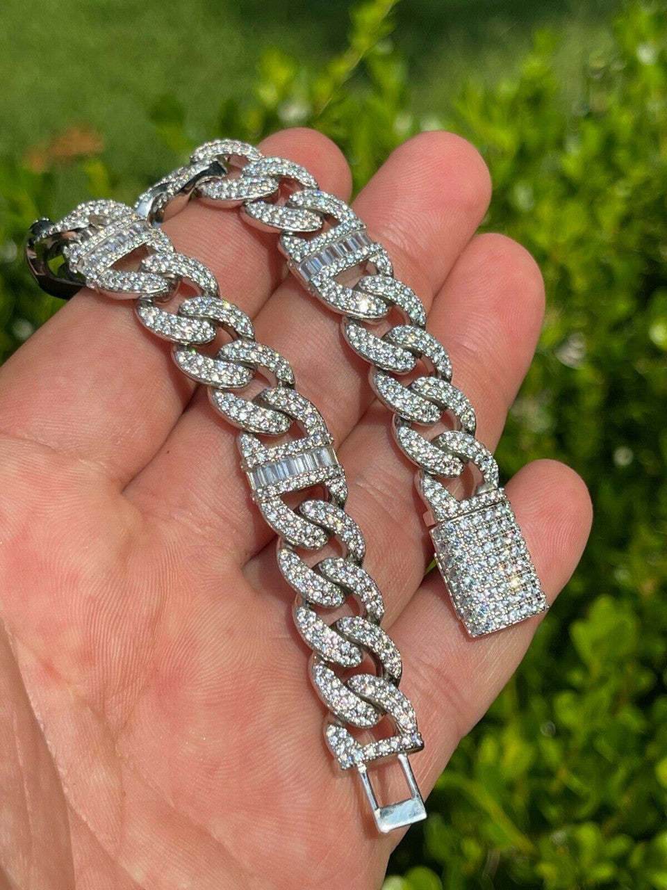 HarlemBling Real Solid 925 Silver Mens Miami Cuban Iced Gucci Link Bracelet Baguette Diamond