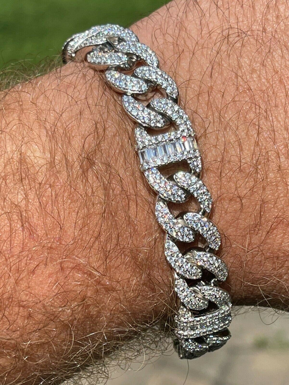 HarlemBling Real Solid 925 Silver Mens Miami Cuban Iced Gucci Link Bracelet Baguette Diamond