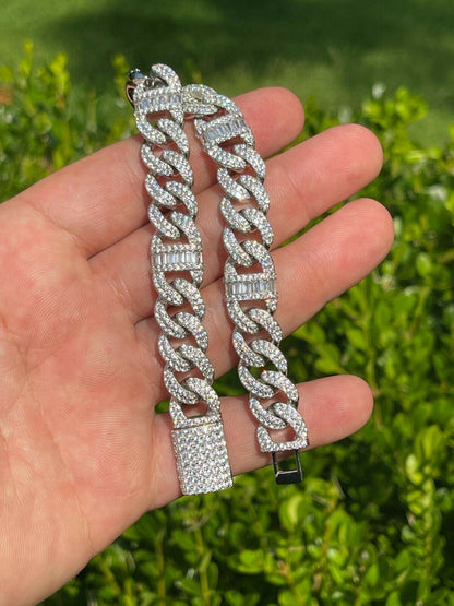 HarlemBling Real Solid 925 Silver Mens Miami Cuban Iced Gucci Link Bracelet Baguette Diamond