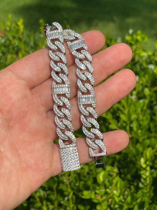 HarlemBling Real Solid 925 Silver Mens Miami Cuban Iced Gucci Link Bracelet Baguette Diamond