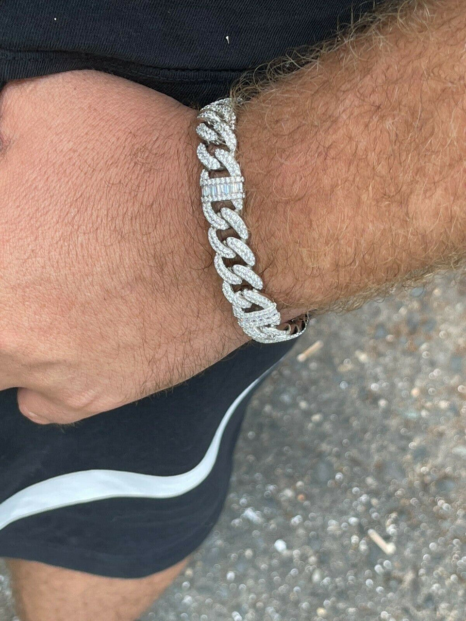 HarlemBling Real Solid 925 Silver Mens Miami Cuban Iced Gucci Link Bracelet Baguette Diamond