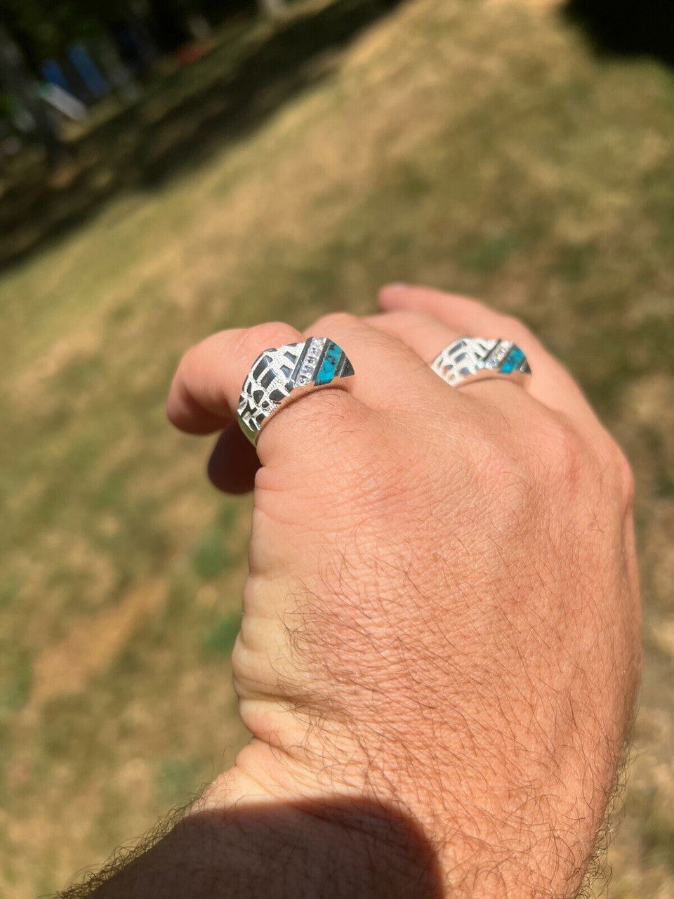 HarlemBling Real Solid 925 Silver Nugget Blue Turquoise Iced CZ Ring Hip Hop Pinky Anillo